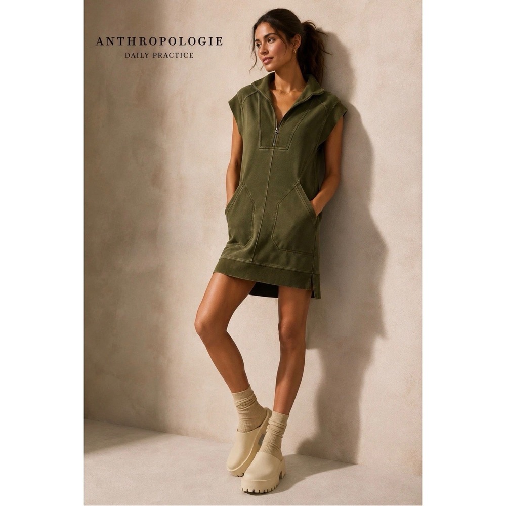 Anthropologie Daily Practice Meru Zip Front Mini Dress Athleisure Green Cover Up